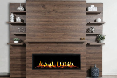 Image of Modern Flames New Allwood Fireplace Media Wall in Walnut - Orion Slim V2 Heliovision 60 Electric Fireplace - AFWS-WW | OR60-SLIM-V2