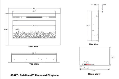 Image of Touchstone Sideline 40 inch Built-in Electric Fireplace - Heater - 80027 - Dimensions - Electric Fireplaces Depot