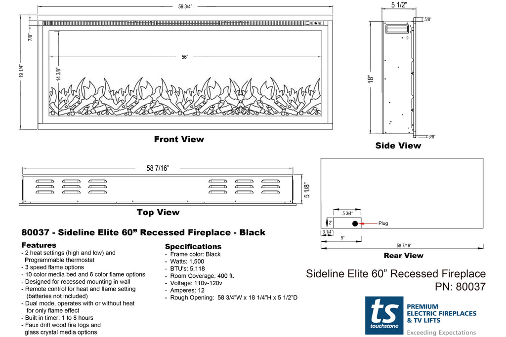 Touchstone Sideline Elite 60" Built-In Recessed Flush Mount Electric Fireplace Dimensions - 80037 - Electric Fireplaces Depot