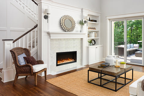 Image of Amantii Symmetry 34'' Built In Fully Recessed Flush Mount Linear Indoor & Outdoor Electric Fireplace | Extra Tall Deep | SYM-34-XT | Electric Fireplaces Depot