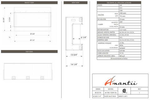 Image of Amantii Panorama 40 inch 3-Sided Built-in Indoor & Outdoor Electric Fireplace - Heater - Dimensions - Electric Fireplaces Depot